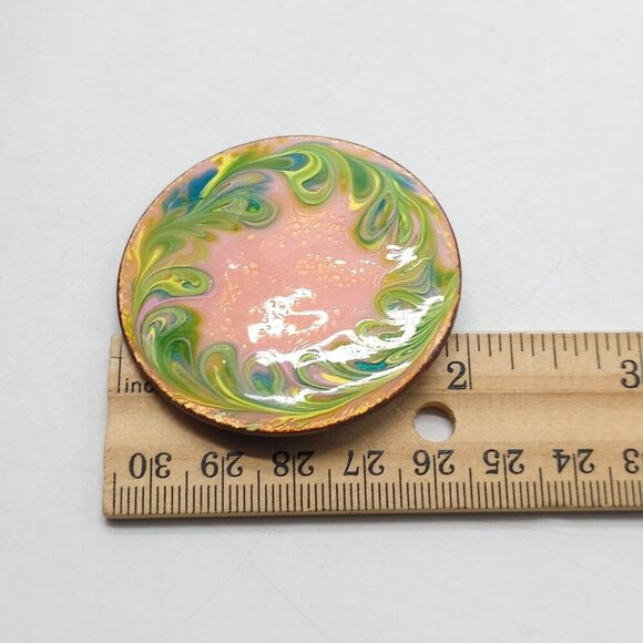 Handmade Pink Green Swirl Pattern Enamel Over Copper Pin Brooch 1.5" Diameter - Picture 4 of 4